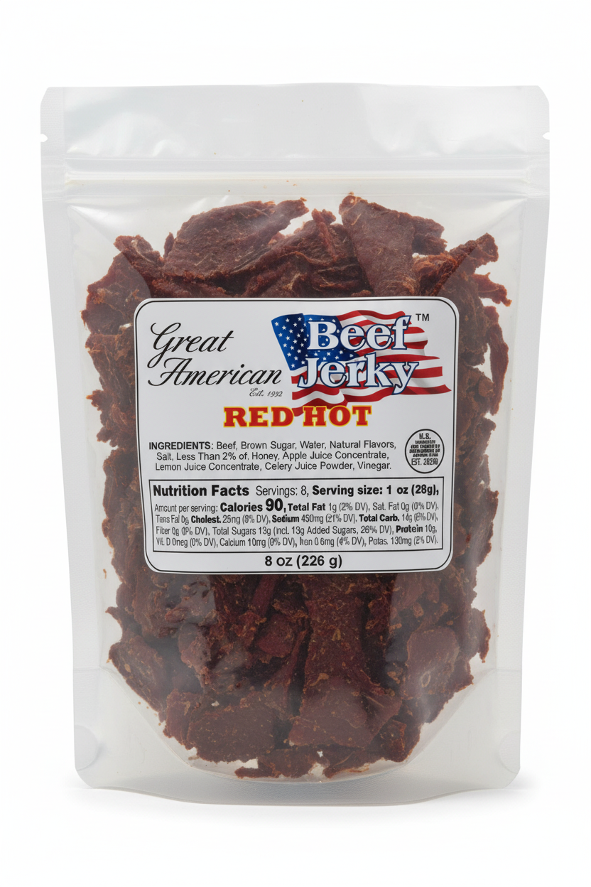 Great American Beef Jerky Red Hot 8 oz front view clear package