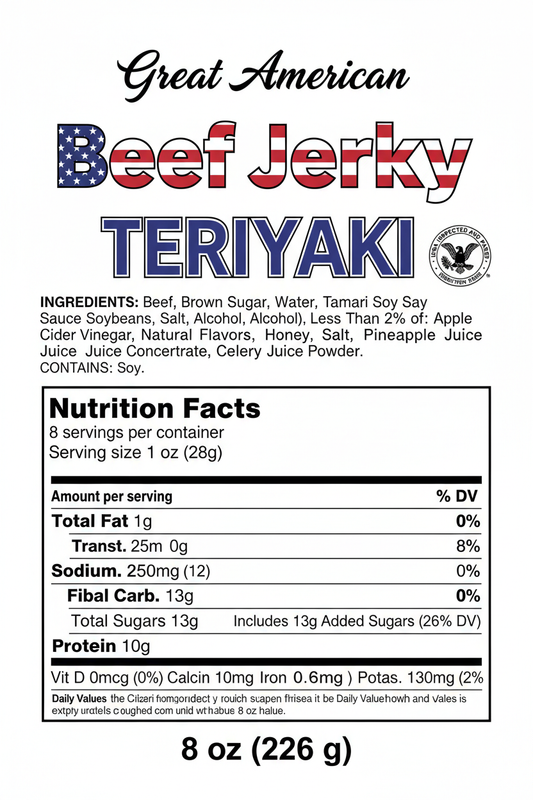 Great American Beef Jerky Teriyaki 8 oz Nutritional Facts