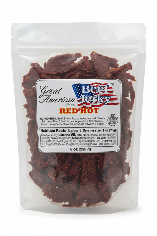 8 oz Red Hot Beef Jerky Clear Package